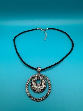 Silver-Tone Crystal Circle Pendant Necklace in Black